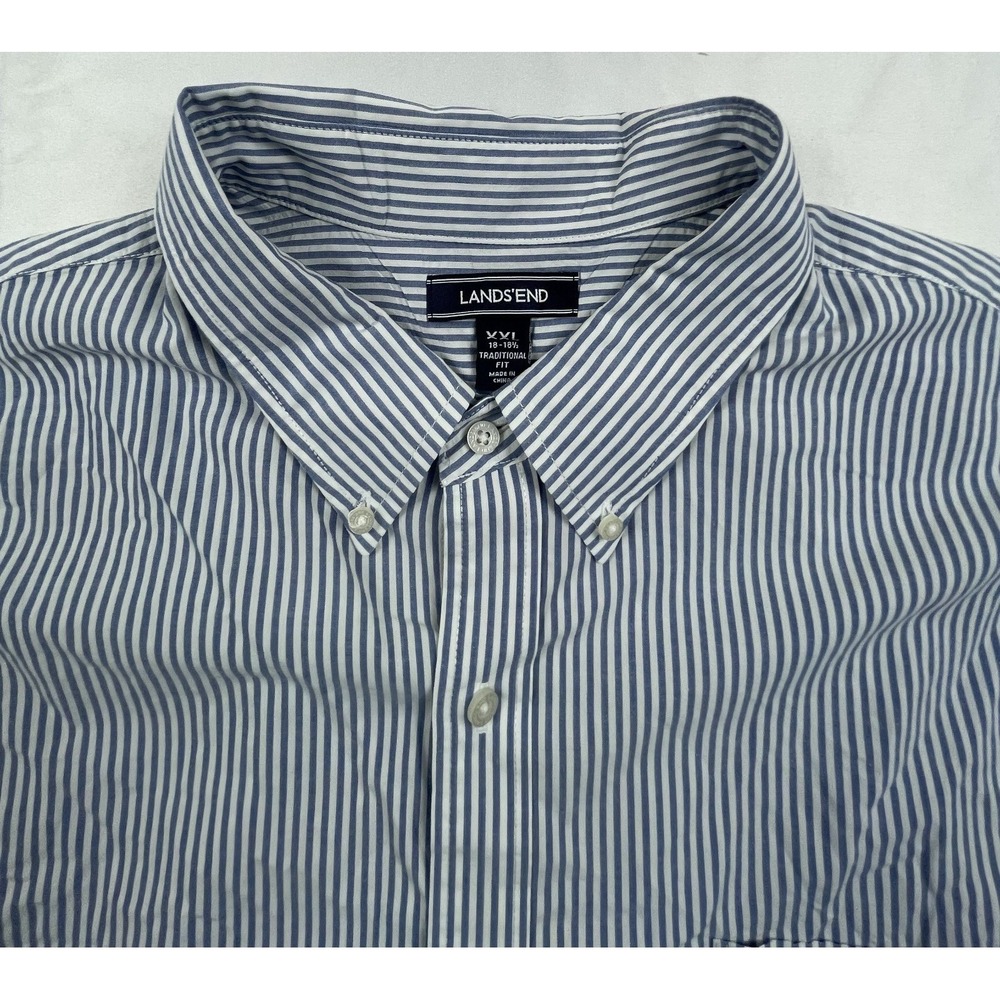 LANDS END MENS XXL 18-18.5 BLUE WHITE STRIPED SHORT SLEEVE BUTTON FRONT SHIRT - Picture 8 of 8